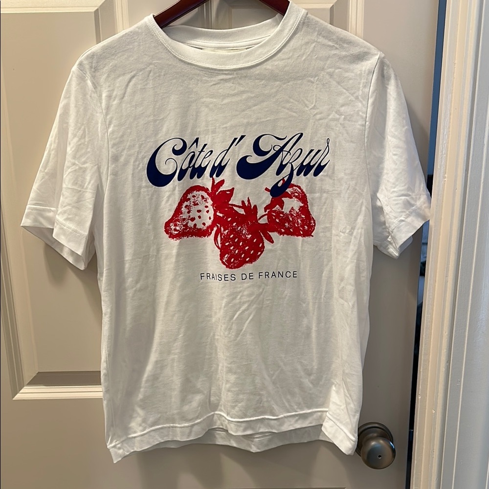 H&M White Graphic Tee with Red Strawberries